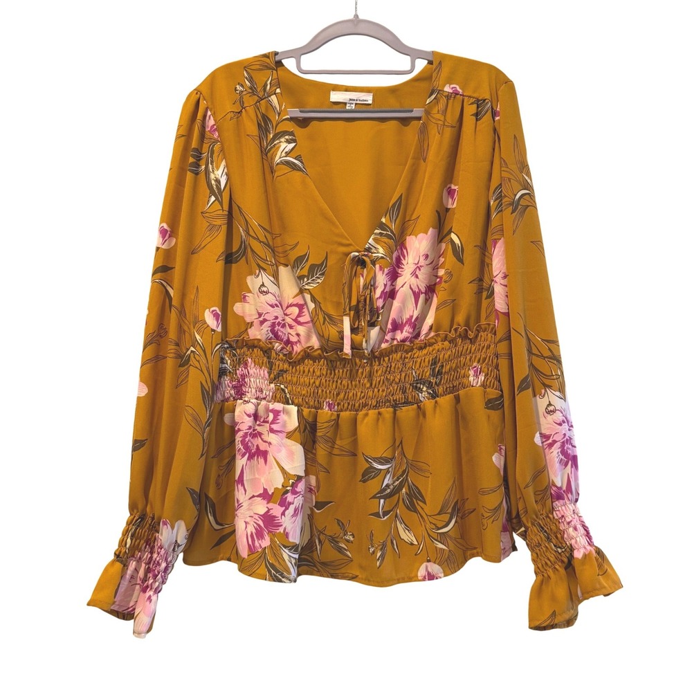 June & Hudson Mustard Yellow Floral Smocked Waist Peplum Long Sleeve Blouse XL